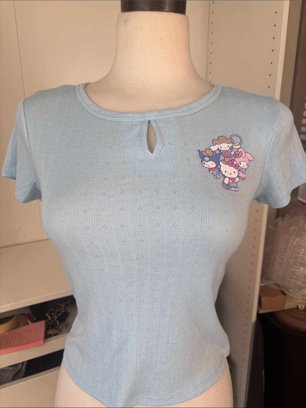 Hello Kitty Pale Blue Short Sleeve Keyhole Tee with Character Graphic
